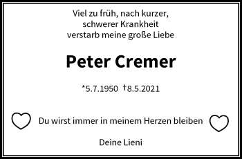 Traueranzeige von Peter Cremer von trauer.wuppertaler-rundschau.de