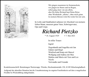 Traueranzeige von Richard Pietzko von trauer.extra-tipp-moenchengladbach.de