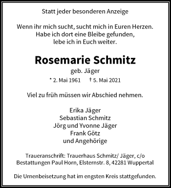 Traueranzeige von Rosemarie Schmitz von trauer.wuppertaler-rundschau.de
