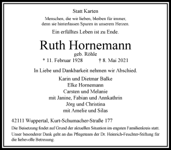 Traueranzeige von Ruth Hornemann von trauer.wuppertaler-rundschau.de