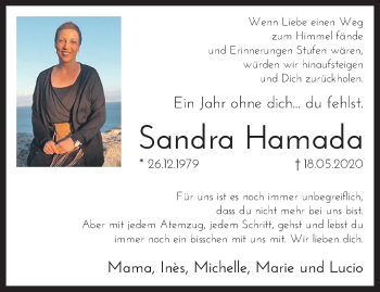 Traueranzeige von Sandra Hamada von trauer.extra-tipp-moenchengladbach.de