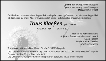 Traueranzeige von Truus Klaeßen von trauer.extra-tipp-moenchengladbach.de