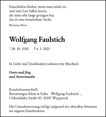 Traueranzeige von Wolfgang Faulstich von trauer.wuppertaler-rundschau.de