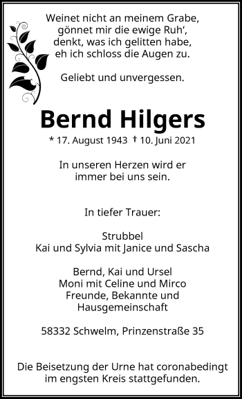 Traueranzeige von Bernd Hilgers von trauer.wuppertaler-rundschau.de