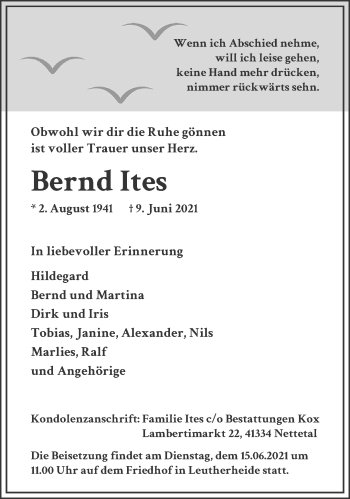 Traueranzeige von Bernd Ites von trauer.extra-tipp-moenchengladbach.de