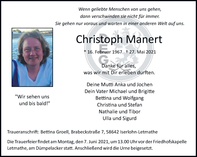  Traueranzeige für Christoph Manert vom 05.06.2021 aus trauer.wuppertaler-rundschau.de