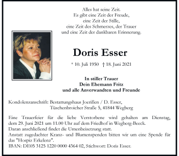 Traueranzeige von Doris Esser von trauer.extra-tipp-moenchengladbach.de