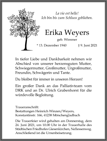 Traueranzeige von Erika Weyers von trauer.extra-tipp-moenchengladbach.de