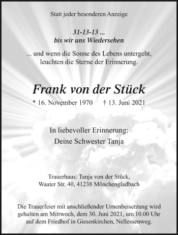 Traueranzeige von Frank von der Stück von trauer.extra-tipp-moenchengladbach.de