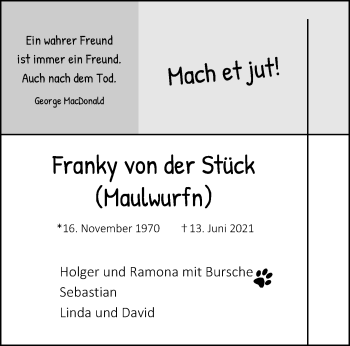 Traueranzeige von Franky von der Stück von trauer.extra-tipp-moenchengladbach.de