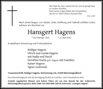 Traueranzeige von Hansgert Hagens von trauer.extra-tipp-moenchengladbach.de