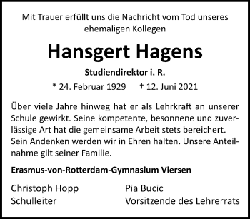 Traueranzeige von Hansgert Hagens von trauer.extra-tipp-moenchengladbach.de