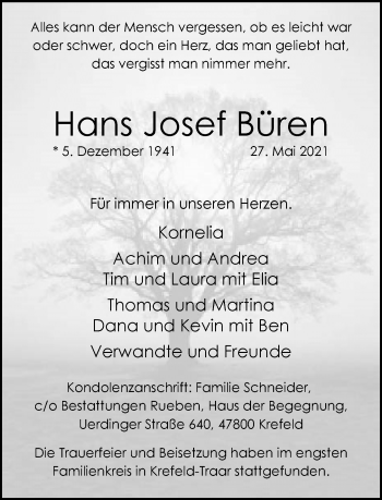 Traueranzeige von Hans Josef Büren von trauer.mein.krefeld.de