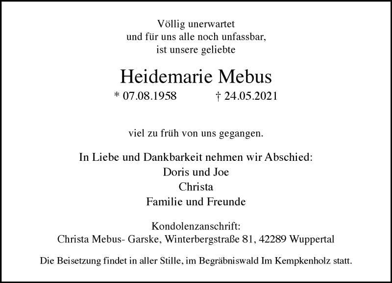 Traueranzeige für Heidemarie Mebus vom 05.06.2021 aus trauer.wuppertaler-rundschau.de