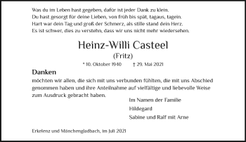 Traueranzeige von Heinz-Willi Casteel von trauer.extra-tipp-moenchengladbach.de