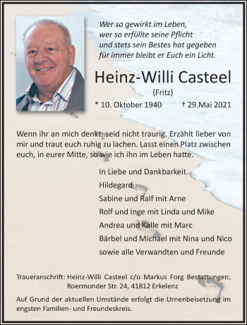 Traueranzeige von Heinz-Willi Casteel von trauer.extra-tipp-moenchengladbach.de