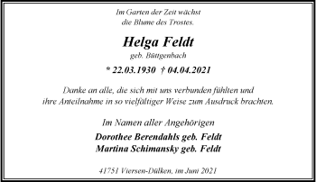 Traueranzeige von Helga Feldt von trauer.extra-tipp-moenchengladbach.de