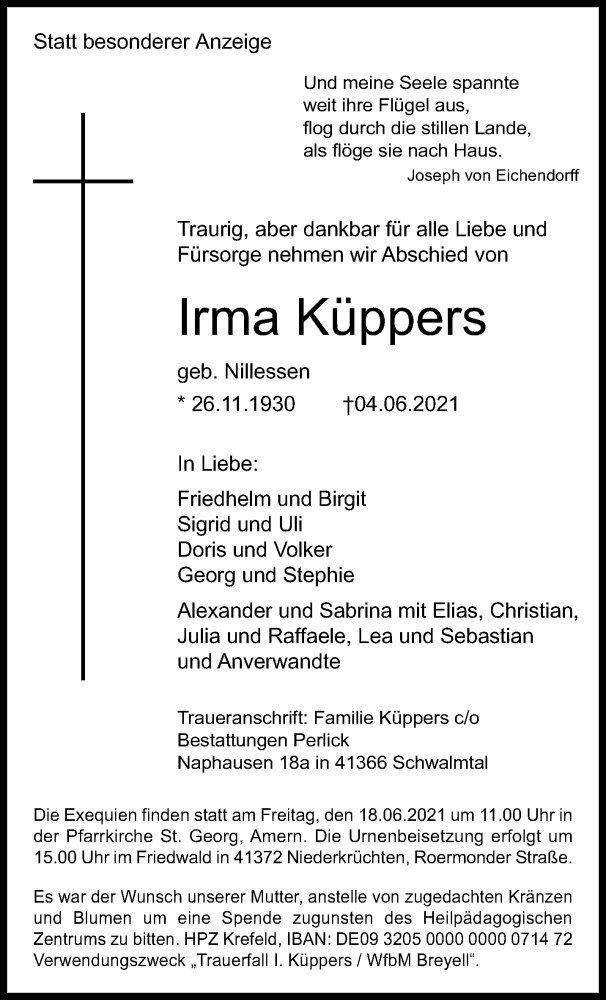  Traueranzeige für Irma Küppers vom 13.06.2021 aus trauer.extra-tipp-moenchengladbach.de