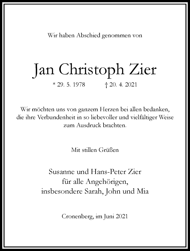  Traueranzeige für Jan Christoph Zier vom 26.06.2021 aus trauer.wuppertaler-rundschau.de