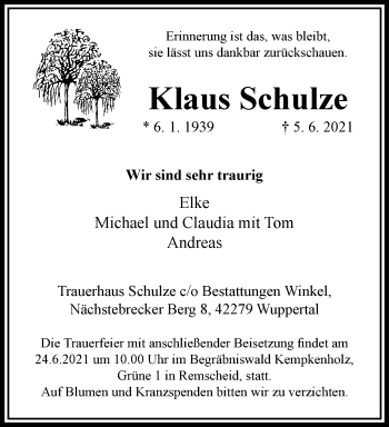 Traueranzeige von Klaus Schulze von trauer.wuppertaler-rundschau.de