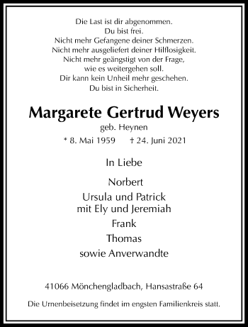 Traueranzeige von Margarete Gertrud Weyers von trauer.extra-tipp-moenchengladbach.de