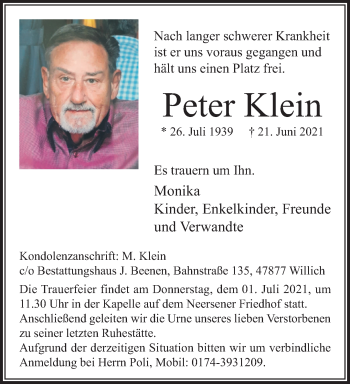 Traueranzeige von Peter Klein von trauer.extra-tipp-moenchengladbach.de