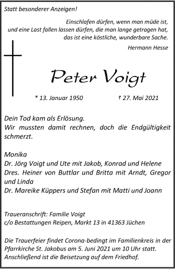 Traueranzeige von Peter Voigt von trauer.stadt-kurier.de