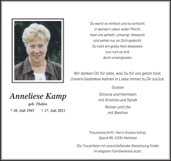 Traueranzeige von Anneliese Kamp von trauer.extra-tipp-moenchengladbach.de