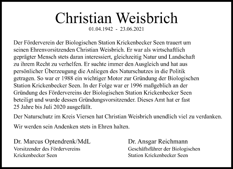  Traueranzeige für Christian Weisbrich vom 04.07.2021 aus trauer.extra-tipp-moenchengladbach.de