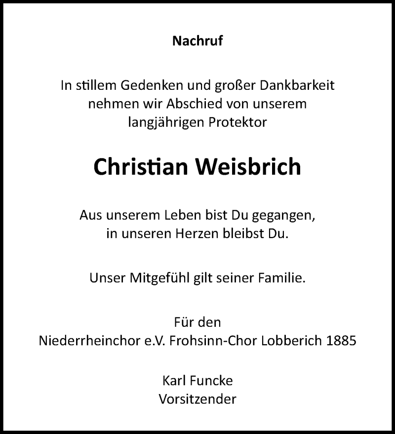  Traueranzeige für Christian Weisbrich vom 04.07.2021 aus trauer.extra-tipp-moenchengladbach.de