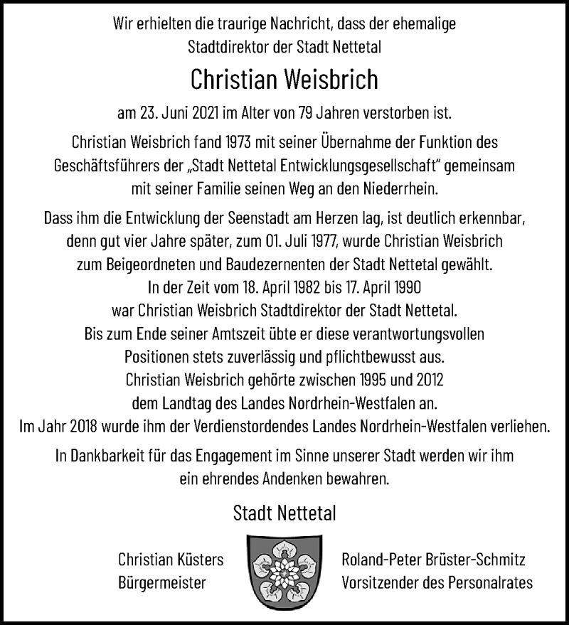  Traueranzeige für Christian Weisbrich vom 04.07.2021 aus trauer.extra-tipp-moenchengladbach.de