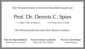 Traueranzeige von Dennis C. Spies von trauer.extra-tipp-moenchengladbach.de