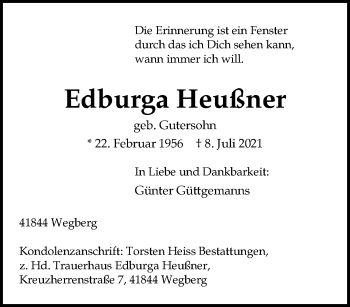 Traueranzeige von Edburga Heußner von trauer.extra-tipp-moenchengladbach.de