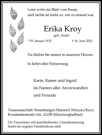 Traueranzeige von Erika Kroy von trauer.extra-tipp-moenchengladbach.de