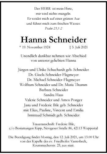 Traueranzeige von Hanna Schneider von trauer.wuppertaler-rundschau.de