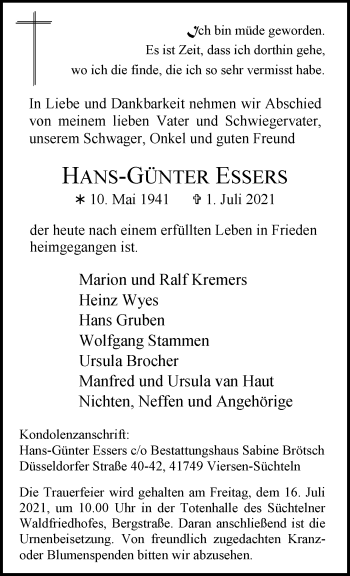 Traueranzeige von Hans-Günter Essers von trauer.extra-tipp-moenchengladbach.de