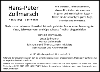 Traueranzeige von Hans-Peter Zollmarsch von trauer.extra-tipp-moenchengladbach.de