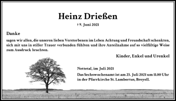 Traueranzeige von Heinz Drießen von trauer.extra-tipp-moenchengladbach.de