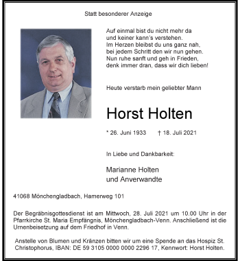 Traueranzeige von Horst Holten von trauer.extra-tipp-moenchengladbach.de