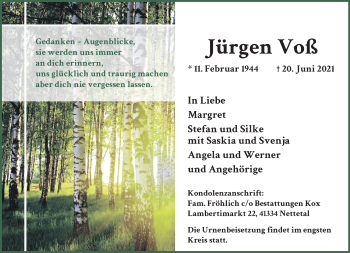 Traueranzeige von Jürgen Voß von trauer.extra-tipp-moenchengladbach.de