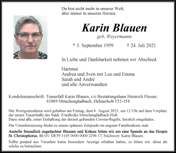 Traueranzeige von Karin Blauen von trauer.extra-tipp-moenchengladbach.de