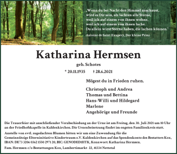 Traueranzeige von Katharina Hermsen von trauer.extra-tipp-moenchengladbach.de