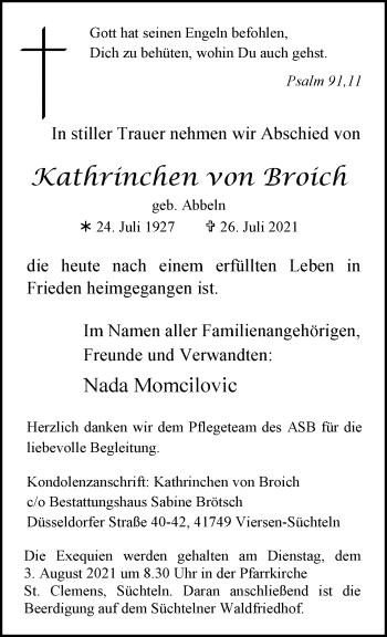 Traueranzeige von Kathrinchen von Broich von trauer.extra-tipp-moenchengladbach.de