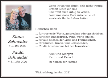 Traueranzeige von Klaus und Paula Schneider von trauer.extra-tipp-moenchengladbach.de