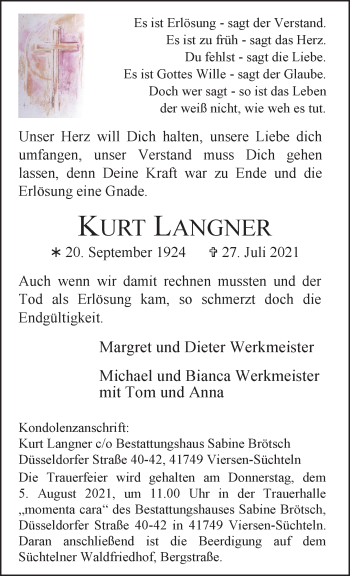 Traueranzeige von Kurt Langner von trauer.extra-tipp-moenchengladbach.de