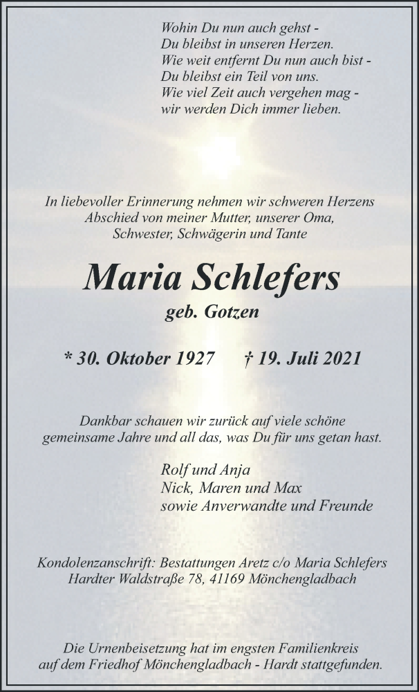  Traueranzeige für Maria Schlefers vom 01.08.2021 aus trauer.extra-tipp-moenchengladbach.de