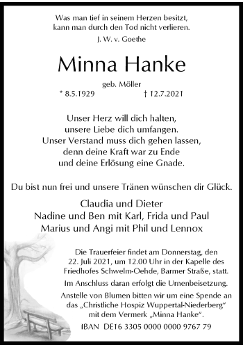 Traueranzeige von Minna Hanke von trauer.wuppertaler-rundschau.de