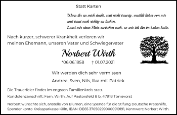 Traueranzeige von Norbert Wirth von trauer.mein.krefeld.de