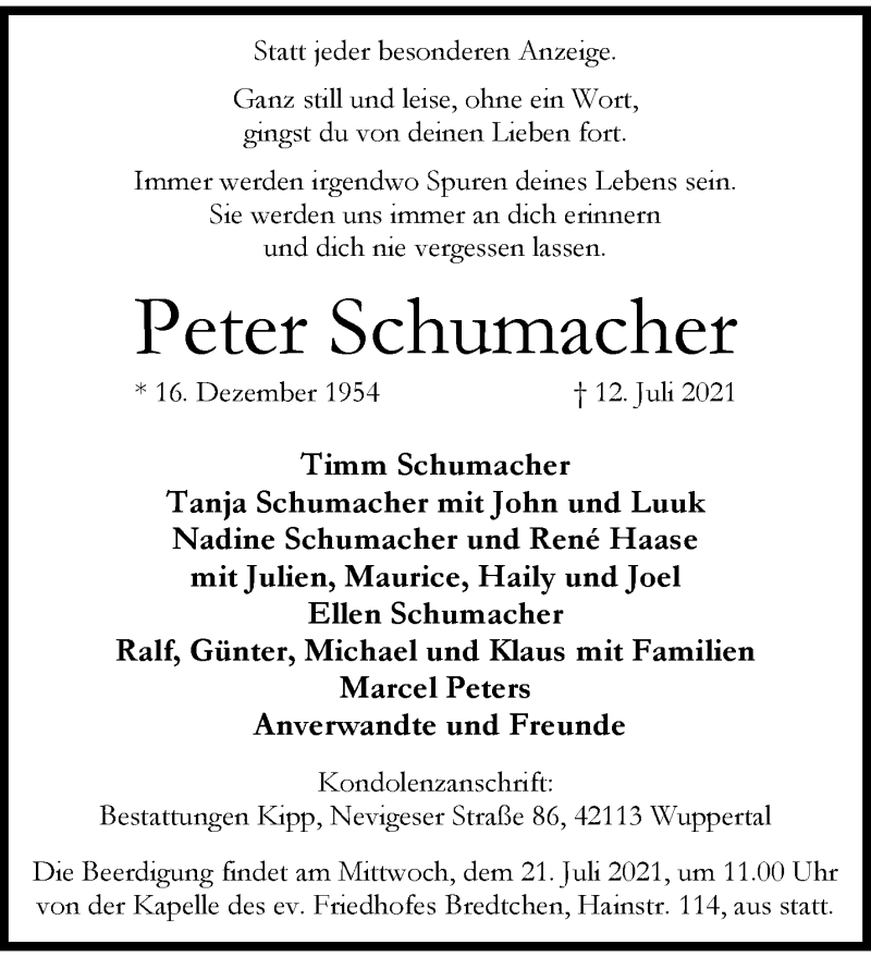  Traueranzeige für Peter Schumacher vom 17.07.2021 aus trauer.wuppertaler-rundschau.de