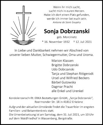 Traueranzeige von Sonja Dobrzanski von trauer.extra-tipp-moenchengladbach.de